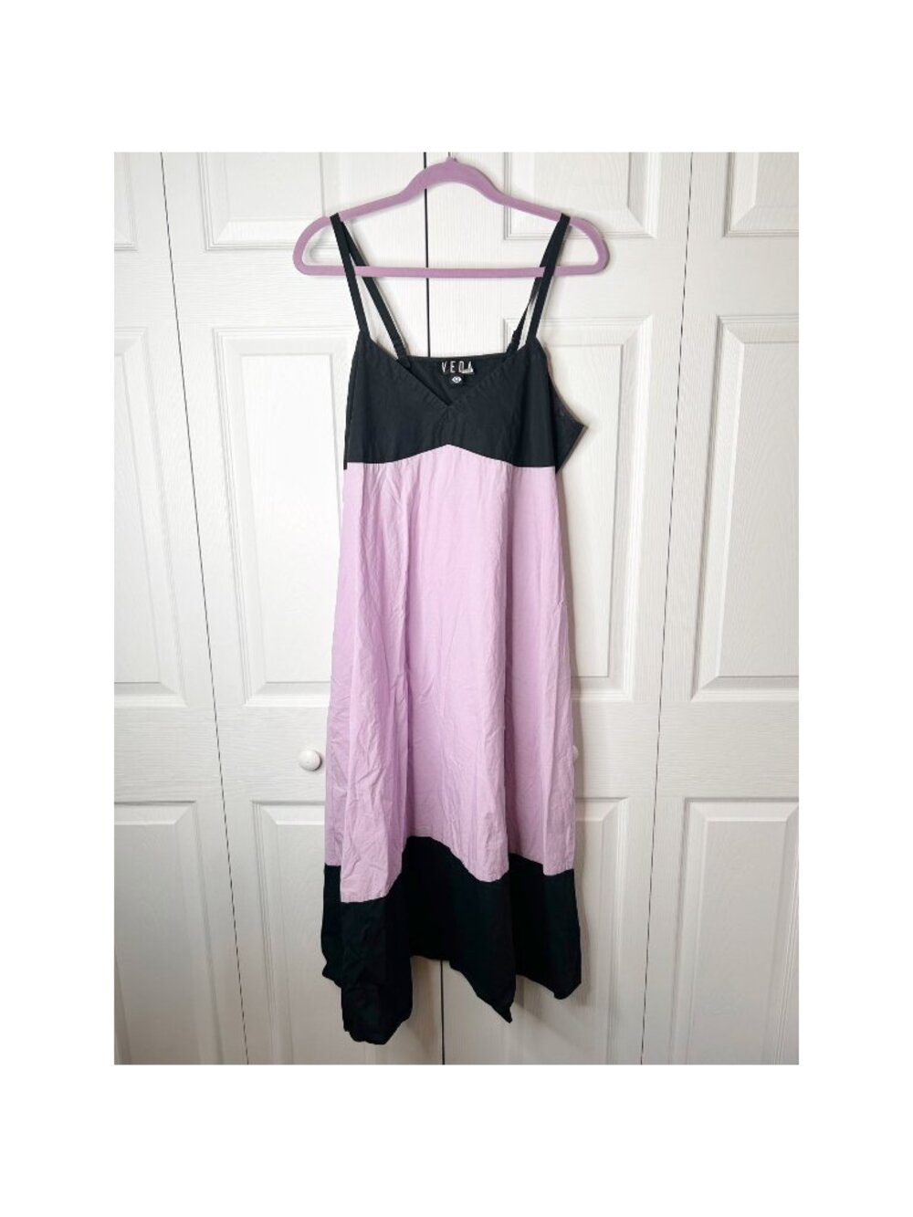 VEDA Rio Black Purple Colorblock 100% Cotton Midi Dress Women's Size Large L